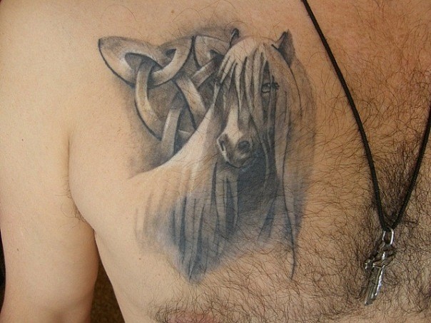 胸部长鬃马和符号纹身图案