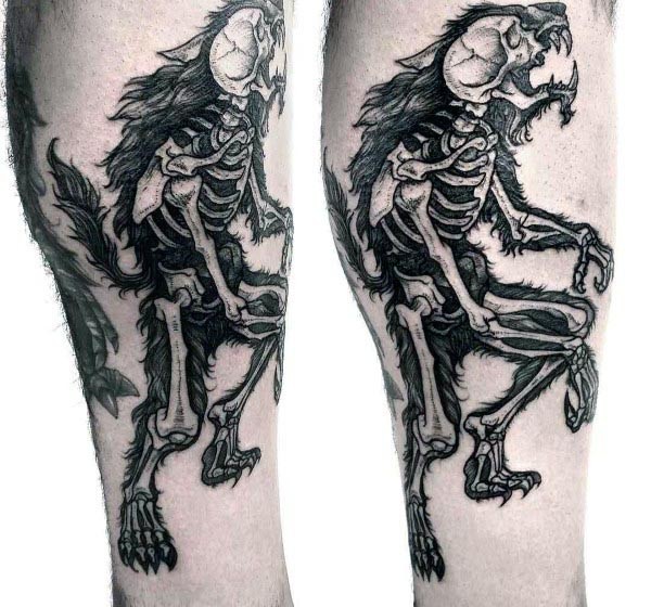 小腿黑色的狼组合骷髅骨架纹身图案