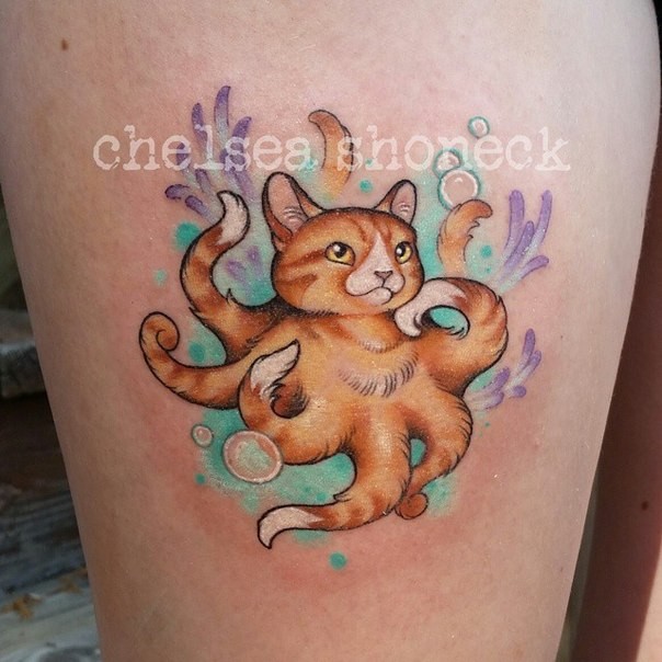 大腿彩色猫咪有章鱼腿纹身图案