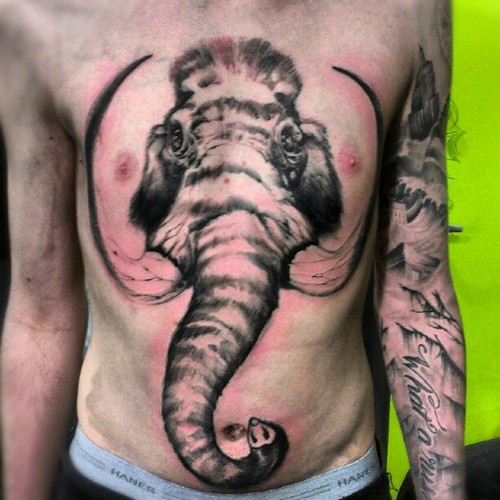 胸部腹部巨大的猛犸象头部纹身图案