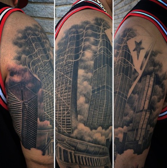 大臂黑色写实风格大城市建筑纹身图案