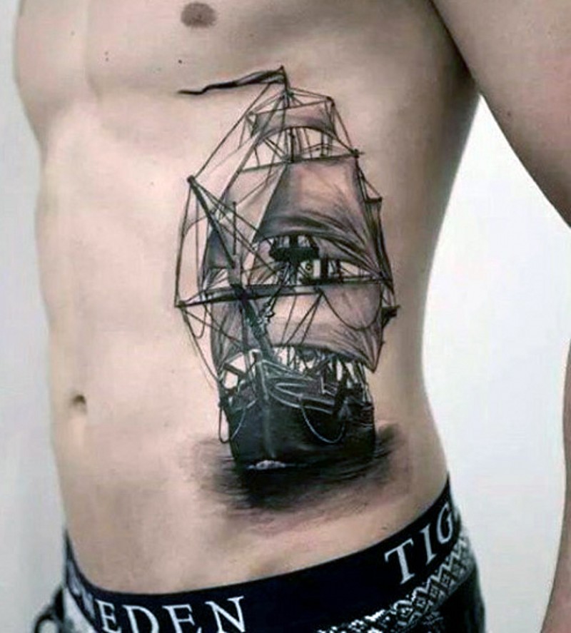 非常逼真的黑色帆船侧肋纹身图案