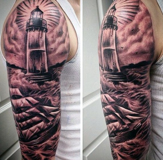 手臂黑灰灯塔与帆船海浪纹身图案