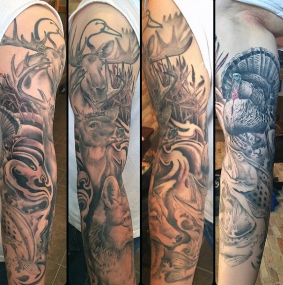 手臂黑灰风格的各种野生动物纹身图案