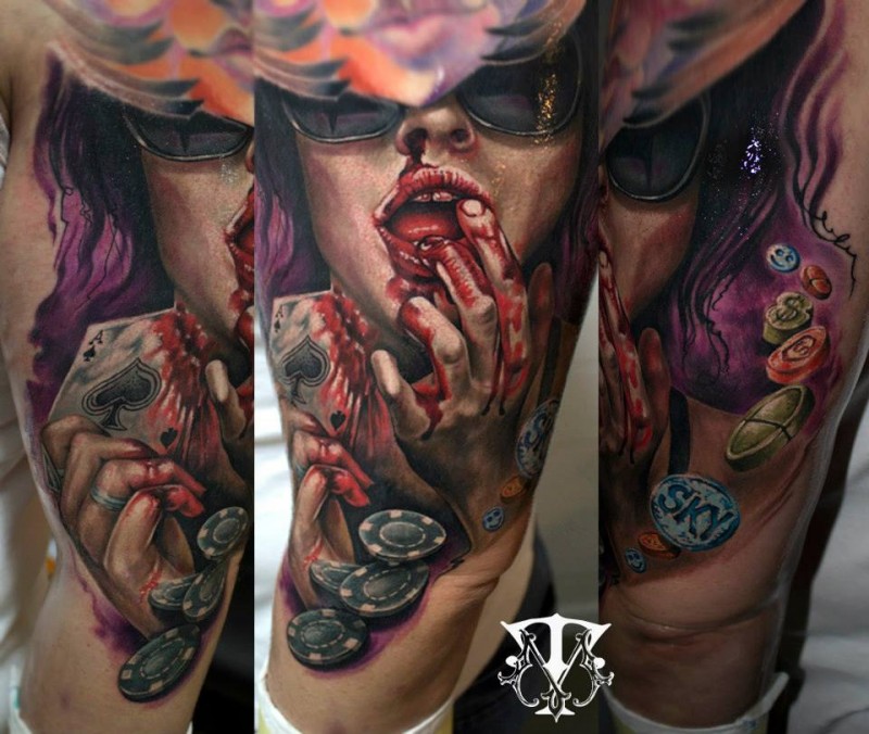 吸血鬼女郎和扑克牌彩色纹身图案