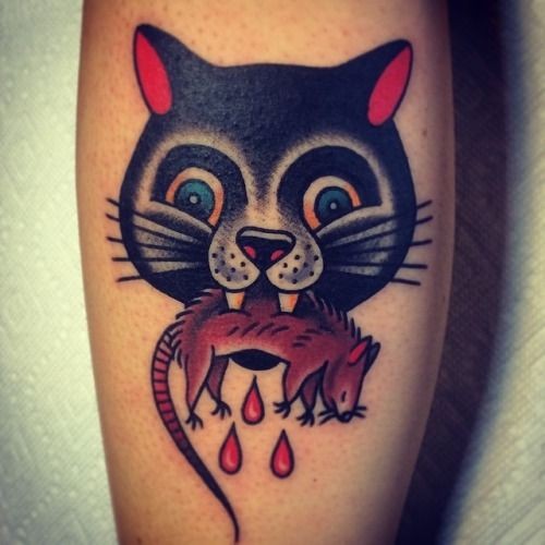 彩色猫咬老鼠纹身图案