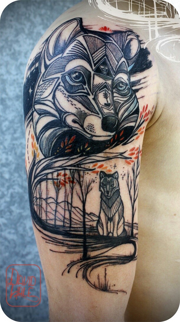 大臂黑色狼在森林纹身图案