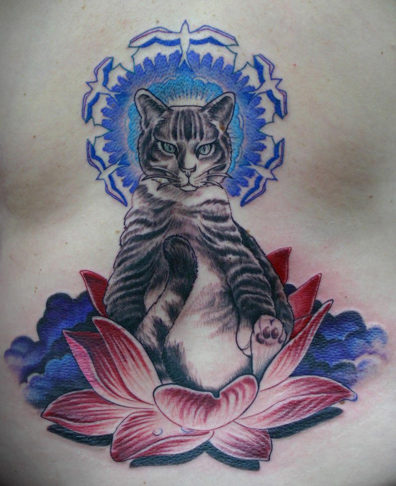 猫与莲花彩绘纹身图案