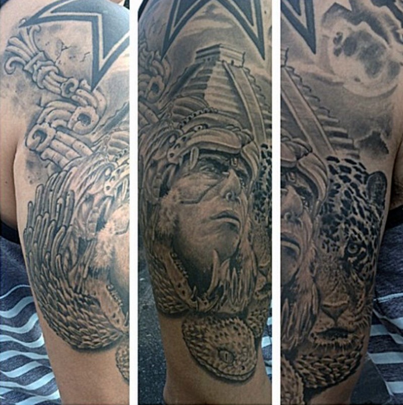 大臂黑灰部落男子肖像与寺庙豹子纹身图案
