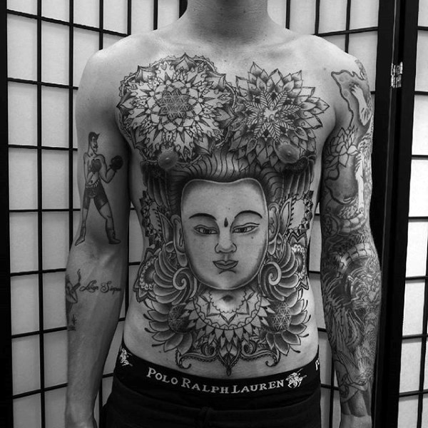 胸部和腹部old school彩色佛像和梵花纹身图案