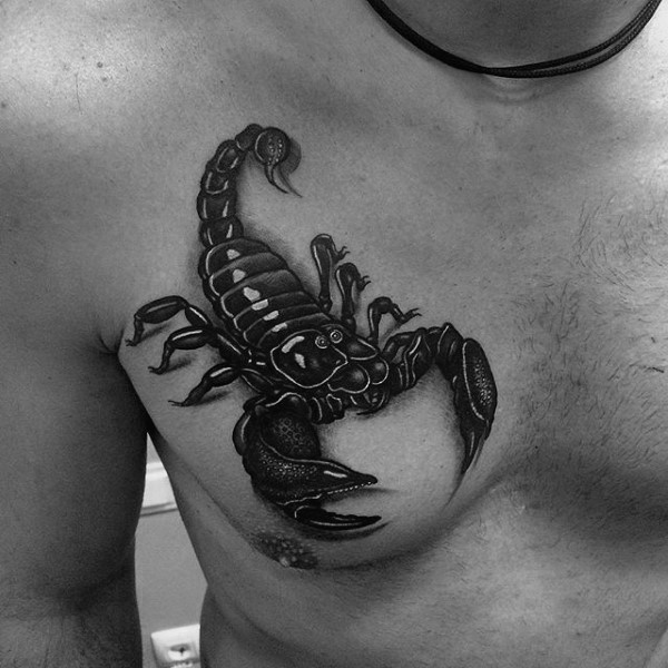 胸部令人印象深刻的逼真黑白蝎子纹身图案