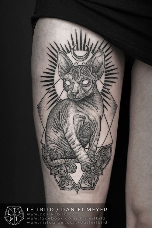 大腿黑白无毛猫几何纹身图案