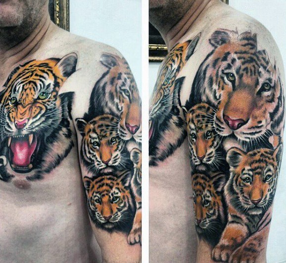 肩膀和胸部可爱的彩色老虎家庭纹身图案