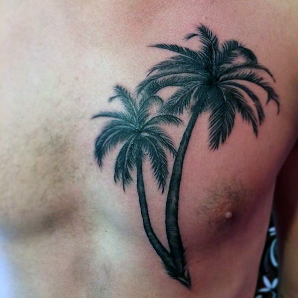 简单的黑色棕榈树胸部纹身图案