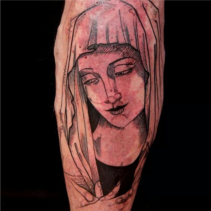 雕刻风格黑色线条圣母玛利亚纹身图案