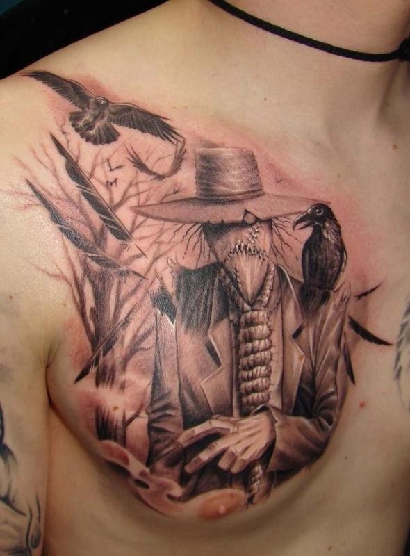 胸部中国风稻草人和乌鸦纹身图案