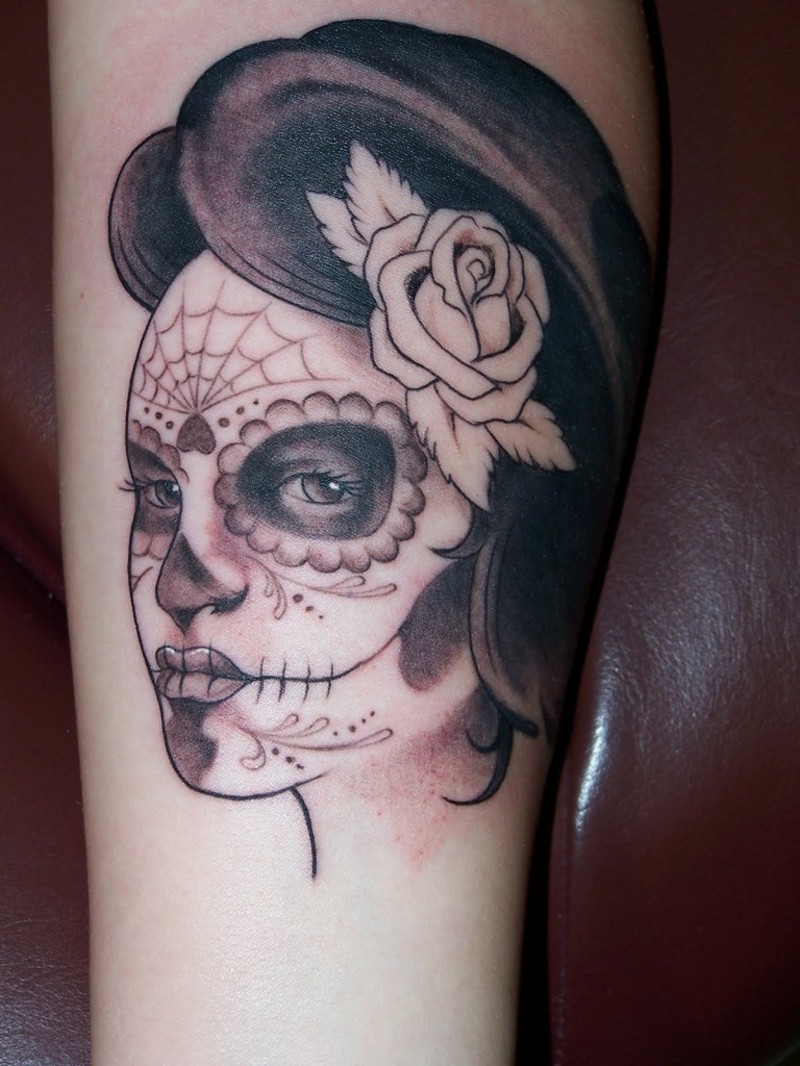 墨西哥经典死亡女郎和玫瑰纹身图案