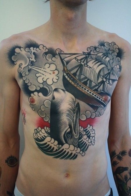 鲸鱼船舶浪花胸部纹身图案