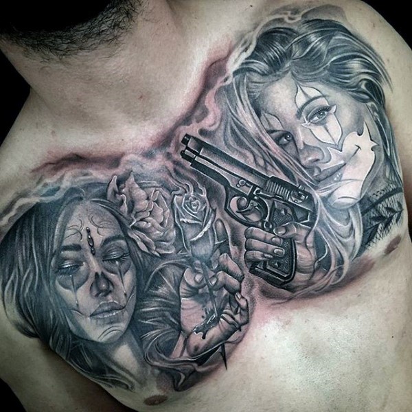 小臂墨西哥传统风格黑色女性肖像和手枪纹身图案