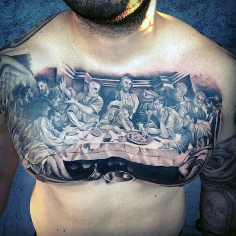 胸部惊人的逼真黑白宗教人物晚餐纹身图案