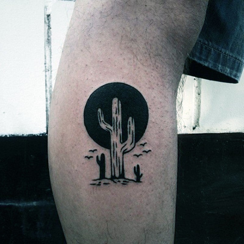 小腿西式黑白仙人掌纹身图案