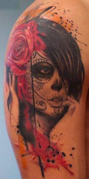 大臂水彩死亡女郎玫瑰泼墨纹身图案