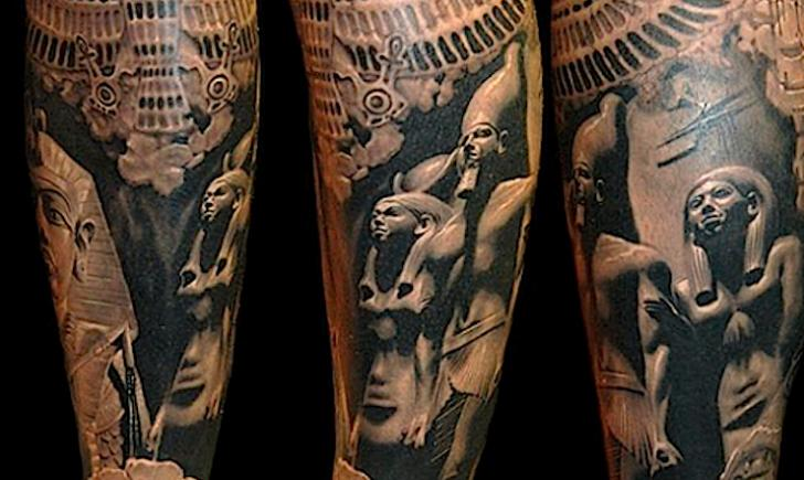 写实风格逼真的黑白各种埃及雕像纹身图案