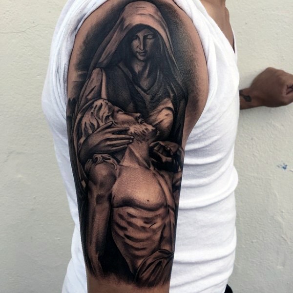 手臂黑灰戏剧性的宗教纹身图案