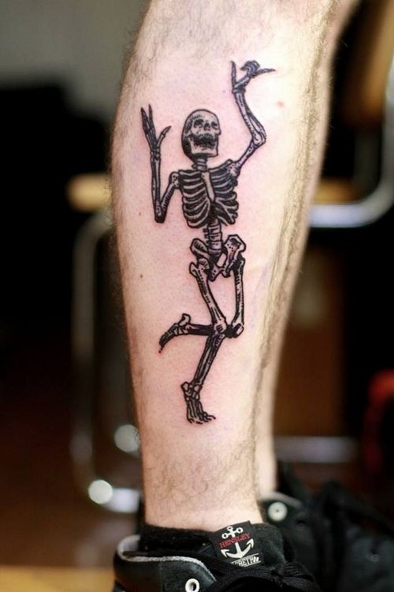 小腿滑稽的黑色跳舞骷髅骨架纹身图案