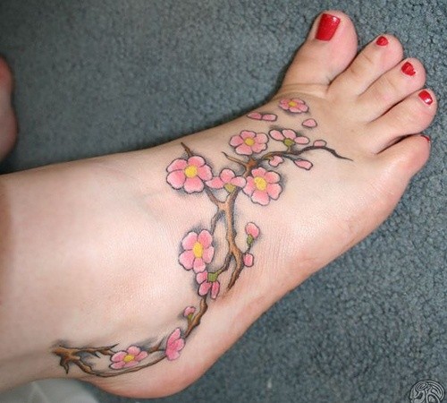 脚背中国风樱花纹身图案