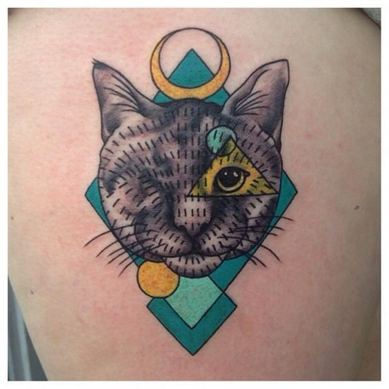 几何风格彩色猫纹身图案