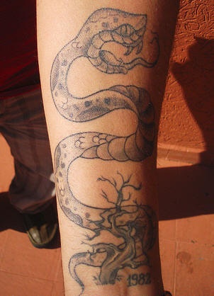 黑灰蛇与枯树纹身图案