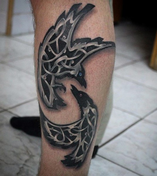小腿凯尔特结组合乌鸦纹身图案