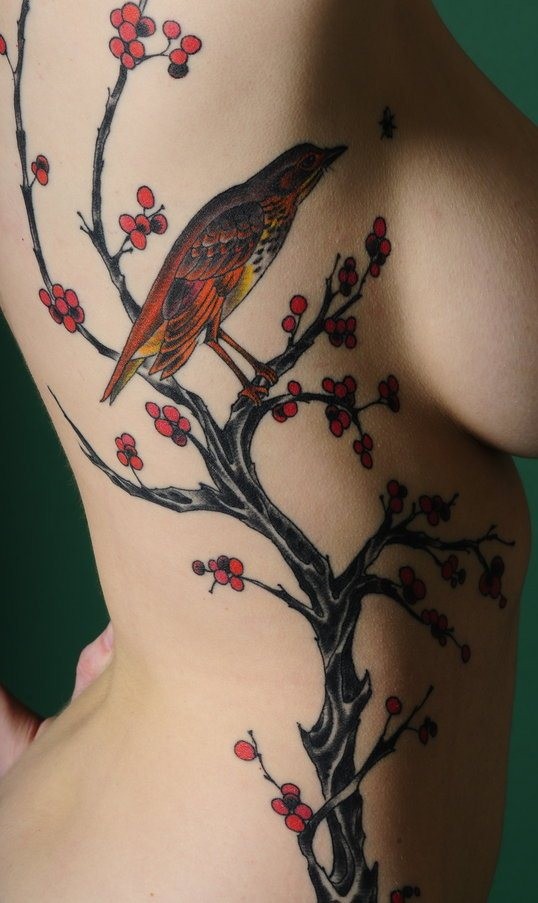 侧肋中国风梅花和小鸟纹身图案