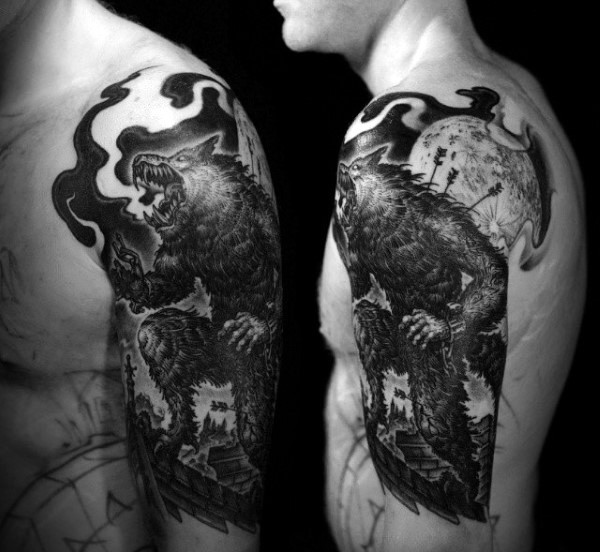 肩部惊艳的插画风格黑白狼人与月亮纹身图案