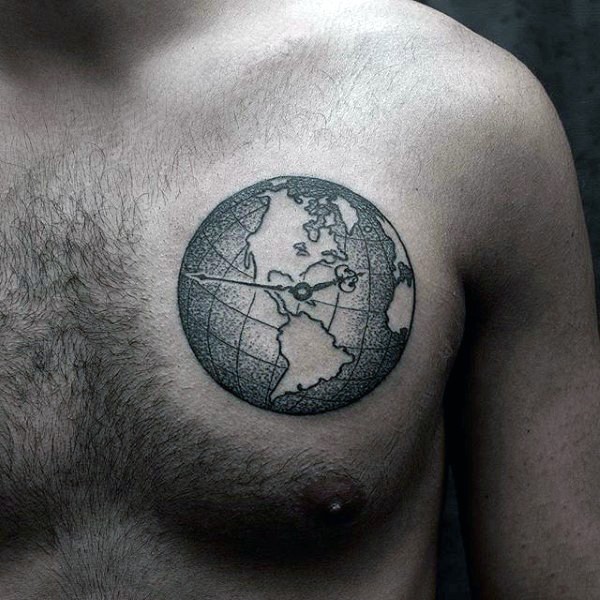 胸部个性点刺地球纹身图案