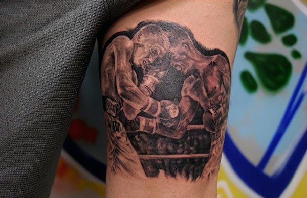 令人惊叹的黑灰拳击手肖像纹身图案