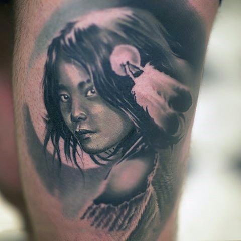 腿部印度女孩肖像纹身图案