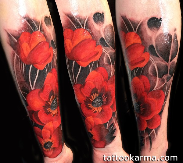 手臂彩绘现实主义风格红花纹身图案