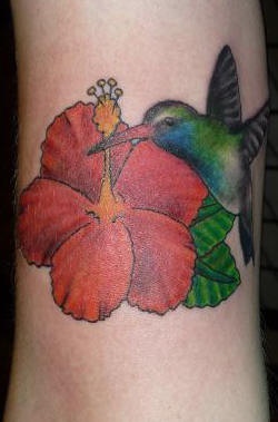 腿部红色的花朵与蜂鸟纹身图案