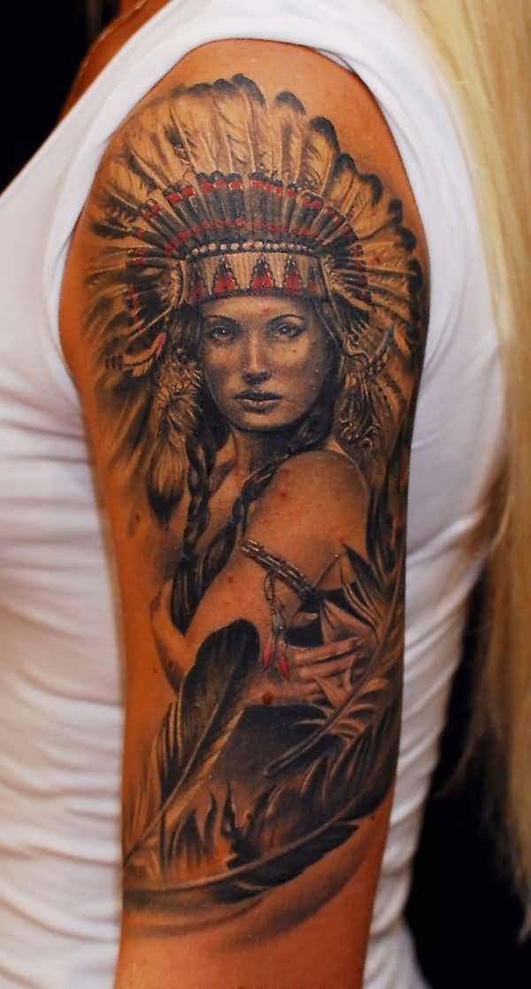 大臂惊人的印度妇女肖像羽毛纹身图案