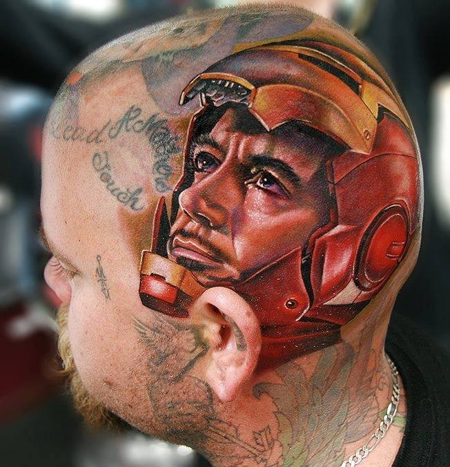 头部彩色逼真的钢铁侠肖像纹身图案