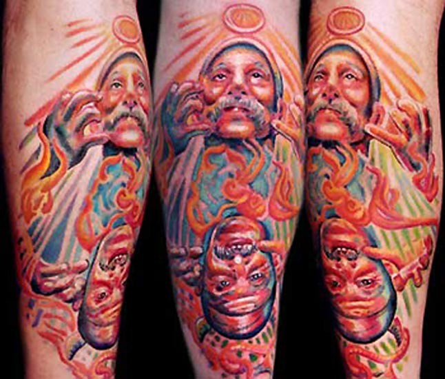 手臂彩色天使和魔鬼的原始纹身图案
