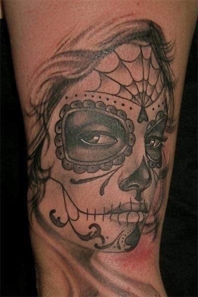 腿部灰色悲伤的死亡女孩纹身图案