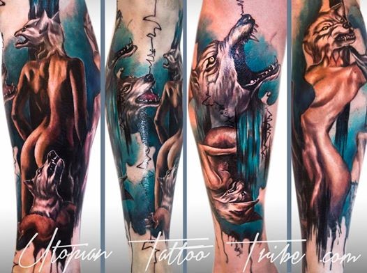 彩色腿部性感女人与狼纹身图案