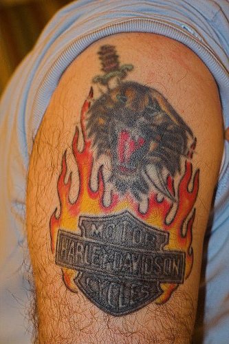 大臂哈雷戴维森标志和火焰纹身图案