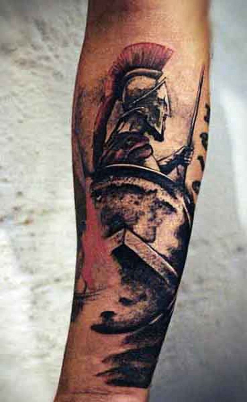 手臂彩色复古风格的斯巴达战士纹身图片