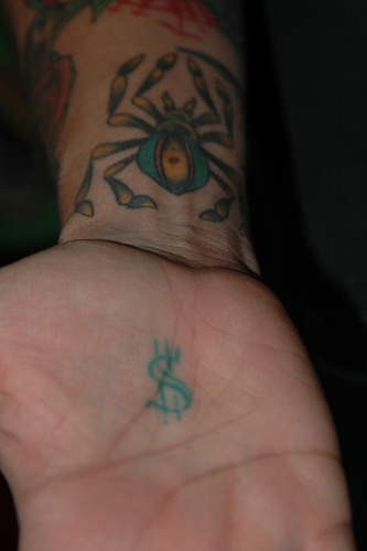 手腕彩色蜘蛛与美元标志纹身图片