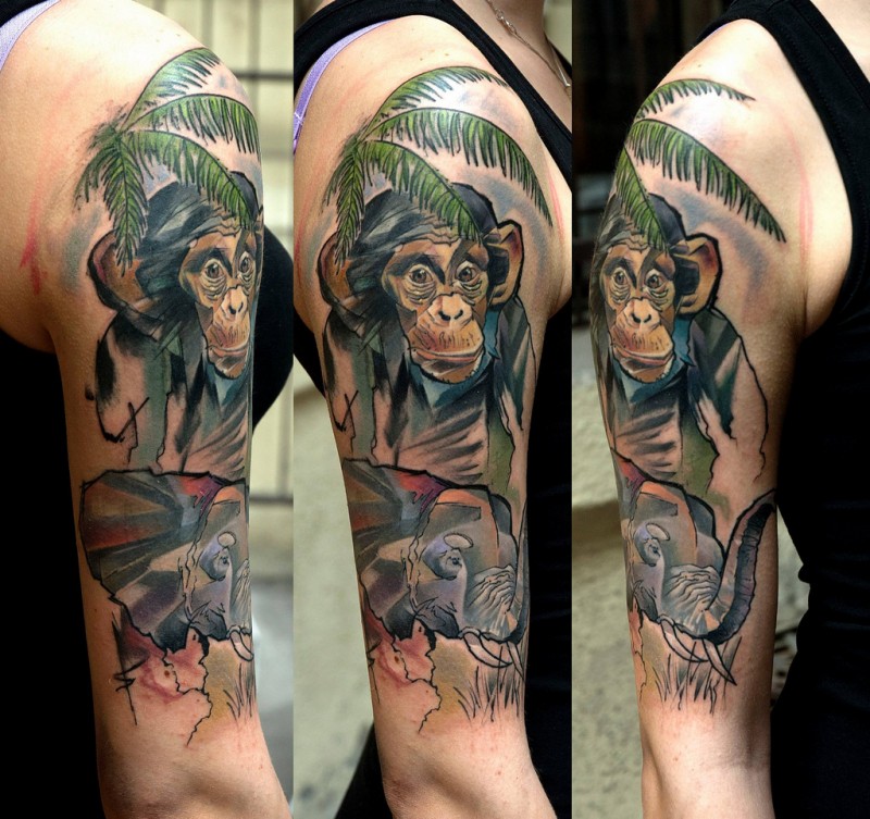 胳膊写实彩色猴与棕榈树和大象纹身图案