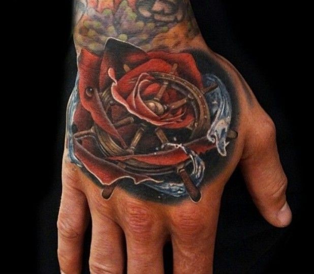 手背彩色玫瑰和海洋方向盘纹身图片